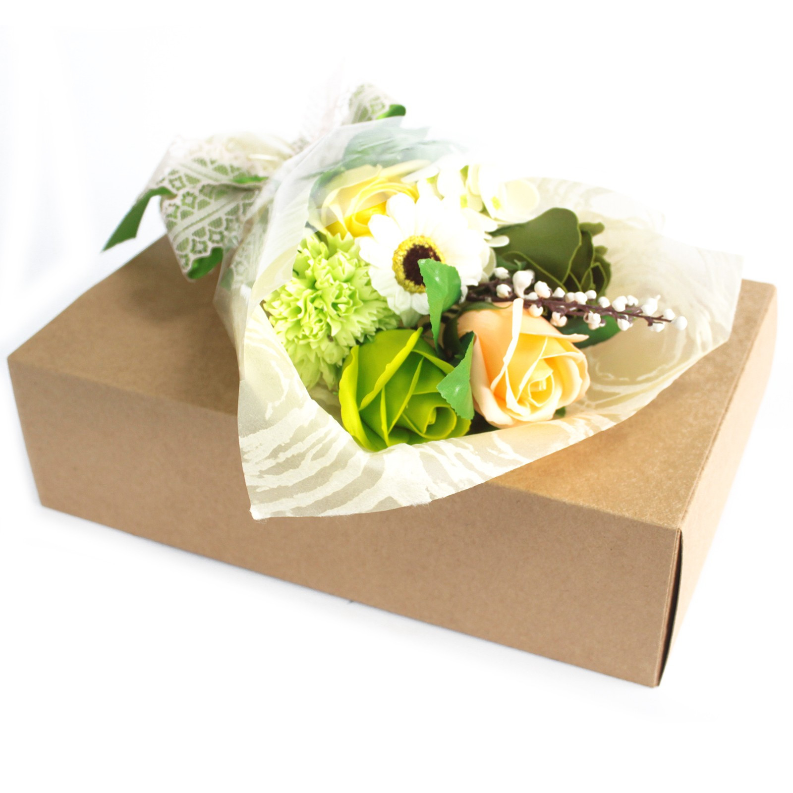 Bouquet flores jabón en caja - verde