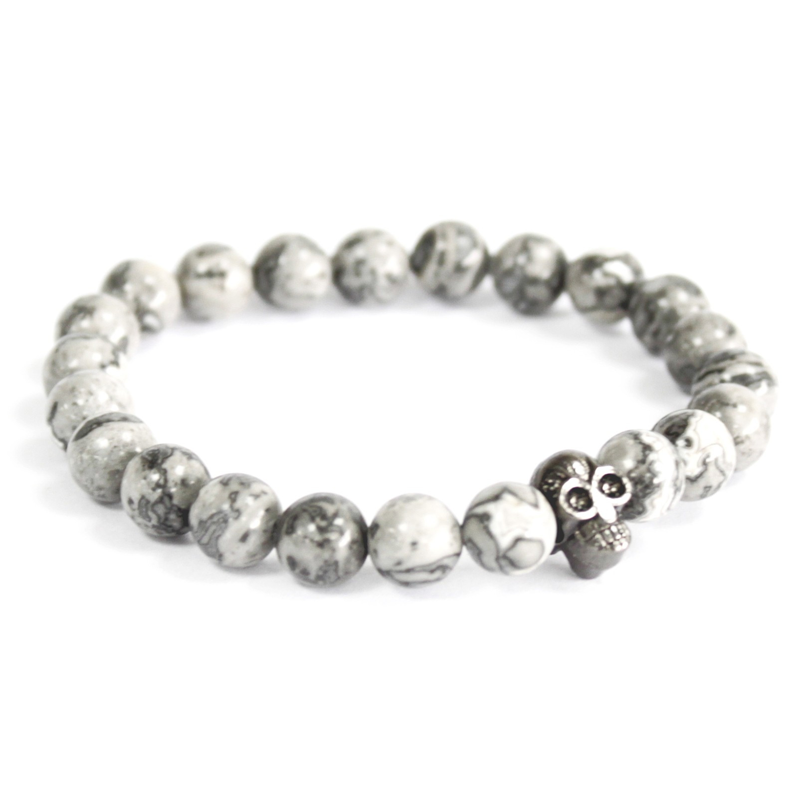 Calavera de peltre / ágata gris - Pulsera de piedras preciosas