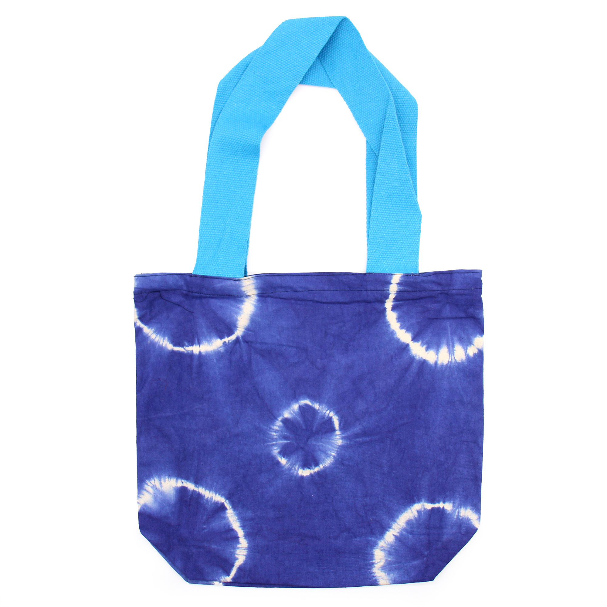 Bolsa de Algodon Natural con Diseño "Tie Dye" (220g)- 38x42x12cm - Anillos Azules- Asa Azul