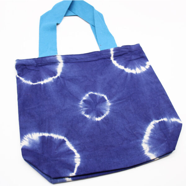 Bolsa de Algodon Natural con Diseño "Tie Dye" (220g)- 38x42x12cm - Anillos Azules- Asa Azul