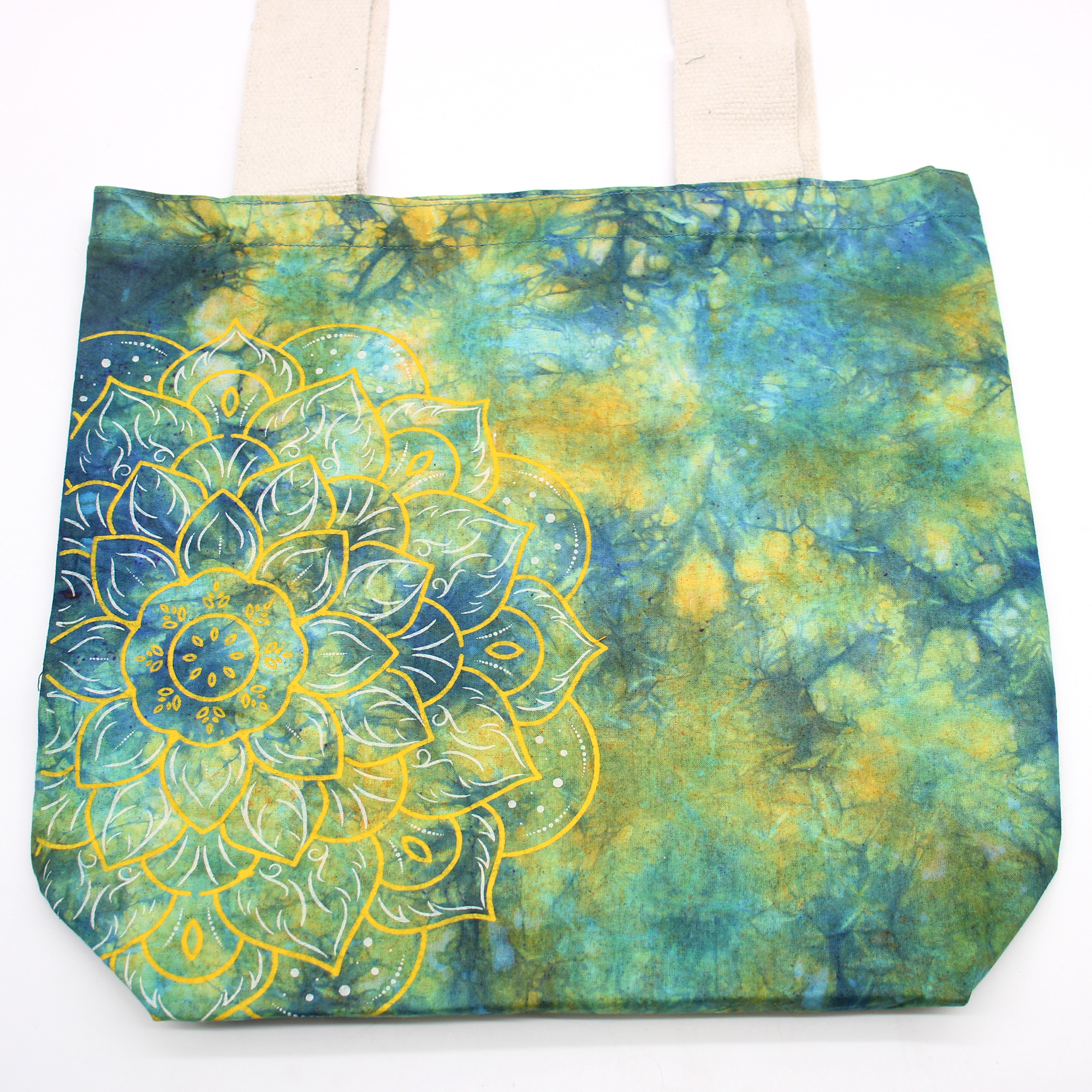 Bolsas de Algodón "Tie Dye" (170g) - 38x42x12cm - Mandala - Verde y Azul - Asa Natural