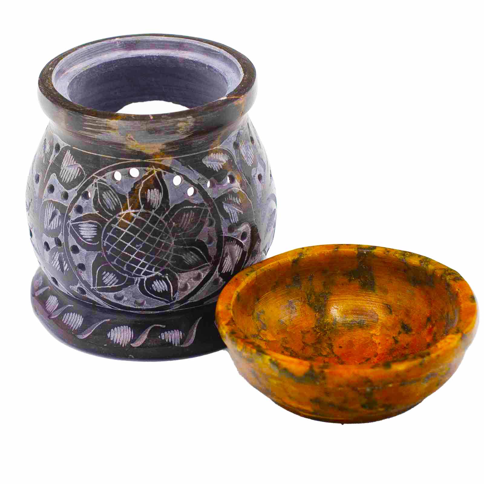 Quemador de aceite de esteatita 10 cm - Flor de mandala - Negro y amarillo