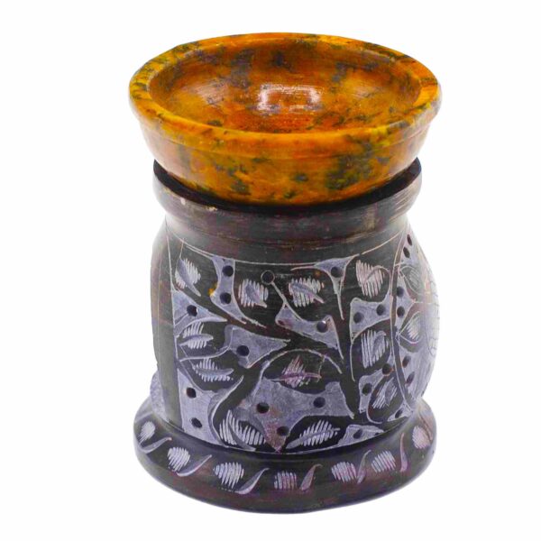 Quemador de aceite de esteatita 10 cm - Flor de mandala - Negro y amarillo